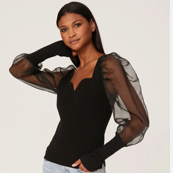 $398 Veronica Beard Finian Mixed Media Puff-Sleeve Top Merino Wool Small - Picture 1 of 6